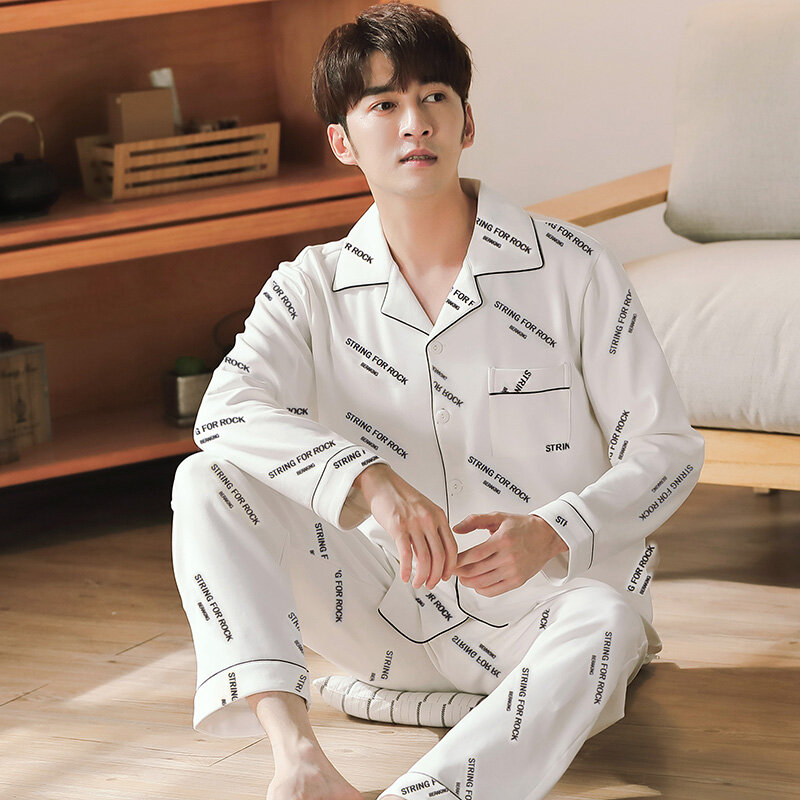 Chữ Cotton Cổ Nam Tay Dài Mùa Đông Pijama Hombre Trắng Đồ Ngủ PJ Bông Váy Ngủ Đen Bộ Pyjama Homme Plus Kích Thước