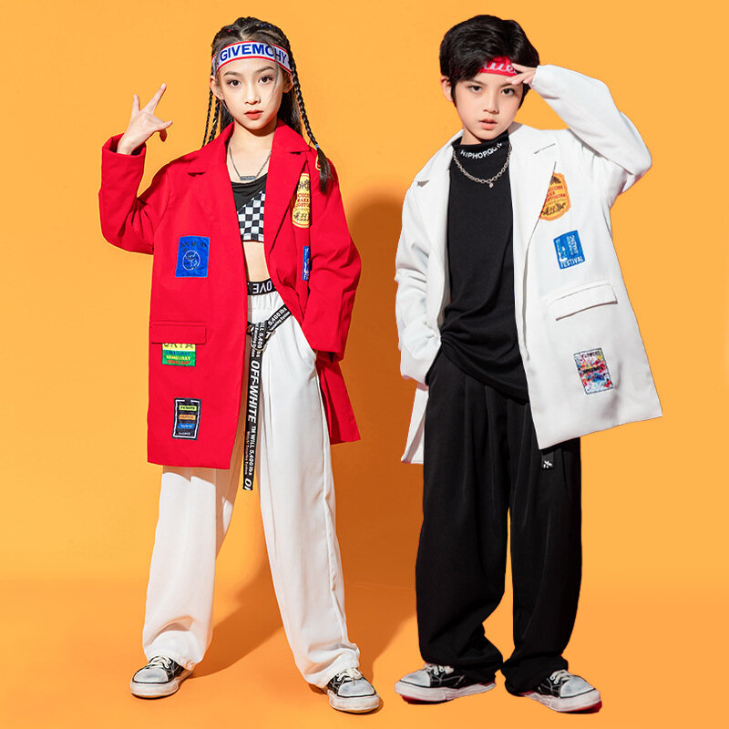 男の子と女の子のためのヒップホップスタイルのロングジャケット,子供のためのカジュアルなスポーツパンツ,白または赤の色,ストリートウェア