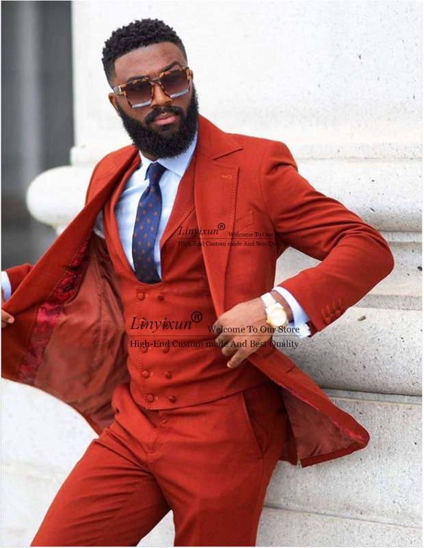 Herfst Oranje Slim Fit Mannen Suit Notched Revers Bruidegom Smoking Voor Bruiloft Business Blazer 3 Stukken Kostuum Homme Jas Vest broek