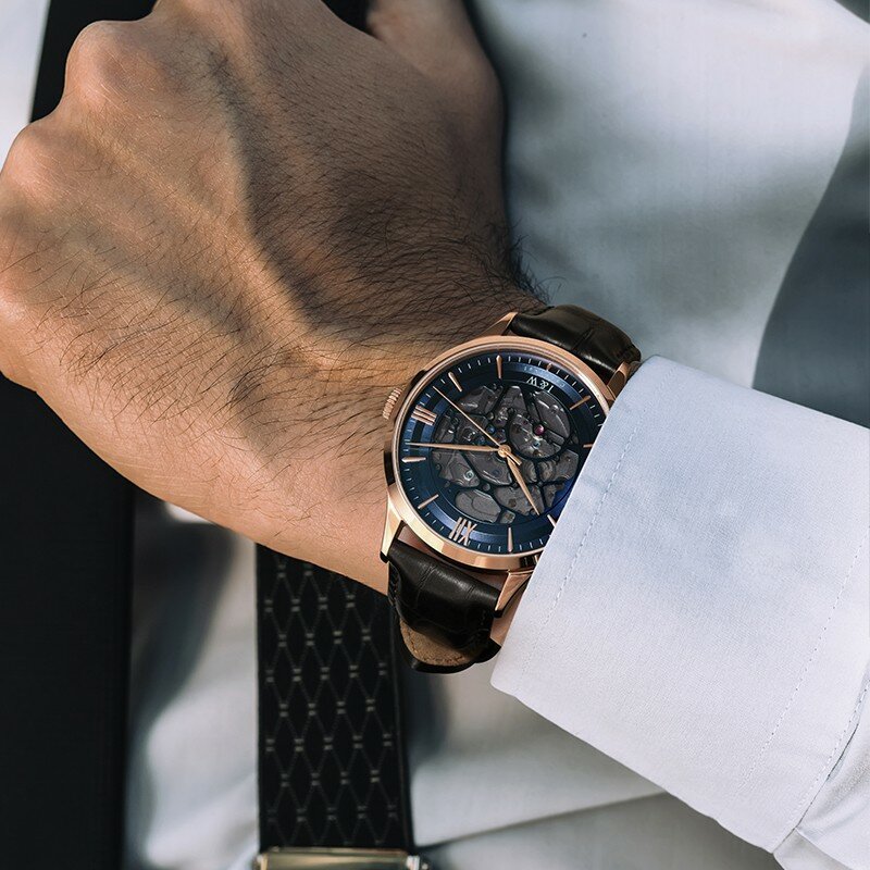 Reloj hombre Japan movimento svizzera I & W nuovo orologio scheletro orologio automatico da uomo in oro rosa blu orologio da uomo impermeabile con zaffiro