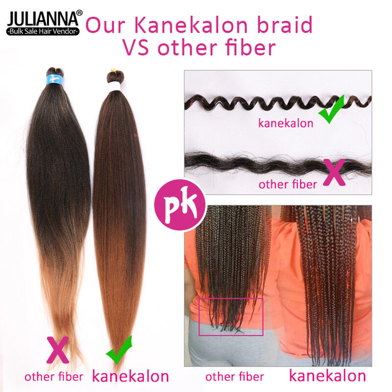 Julianna 100% Kanekalon hurtowy Ombre 26-calowy syntetyczny warkocz Ez wstępnie rozciągnięty włosy plecione Pre Stretch Extension