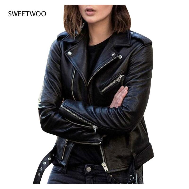 Punk feminino legal jaqueta de couro do falso manga longa com zíper cabido casaco outono jaqueta curta lapela sólida feminino moto motociclista jaquetas 2021