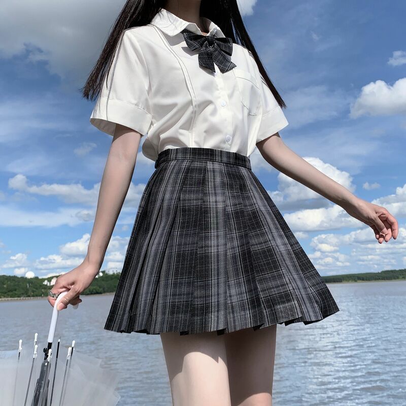 [Kesepian City] rok lipit kotak-kotak wanita gadis dan wanita lengan panjang/pendek rok lipit kotak-kotak pinggang tinggi pakaian Anime seragam sekolah JK