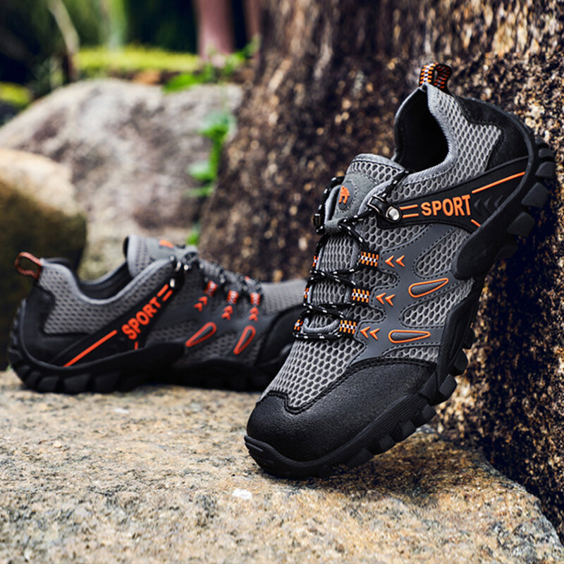 Sapatos casuais masculinos de malha para caminhada, tênis esportivo respirável com cadarço para área externa e escalada