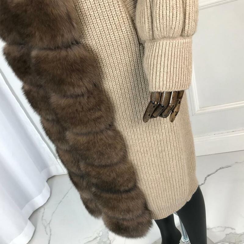 Wool Cashmere Cardigan Knit Sweater Autumn winter Women With Real Fox Fur Trim Capes