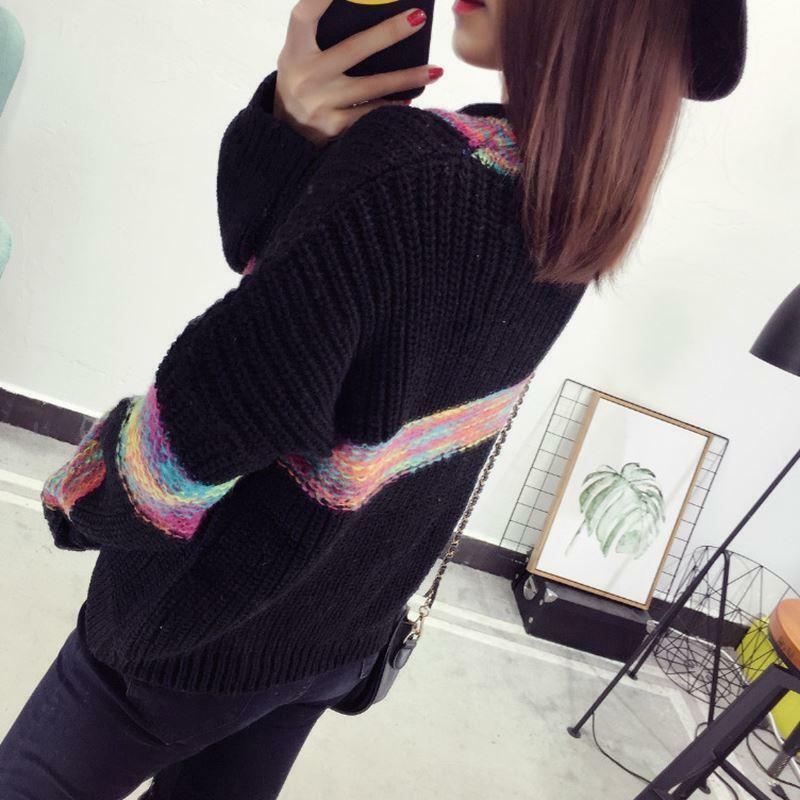 Sweter Tebal Pullover Leher Bulat Kontras Garis Musim Gugur/Dingin 2020 Mode Sweter Tipis Longgar Malas Wanita