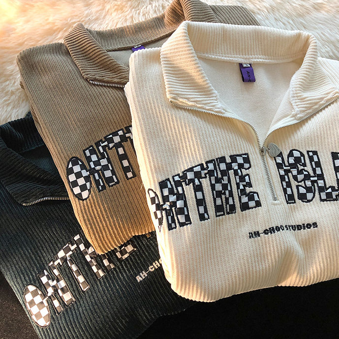 Женские толстовки в стиле Харадзюку, винтажные свитшоты с отложным воротником, вельветовый пуловер на осень и зиму, топы, свободная уличная одежда