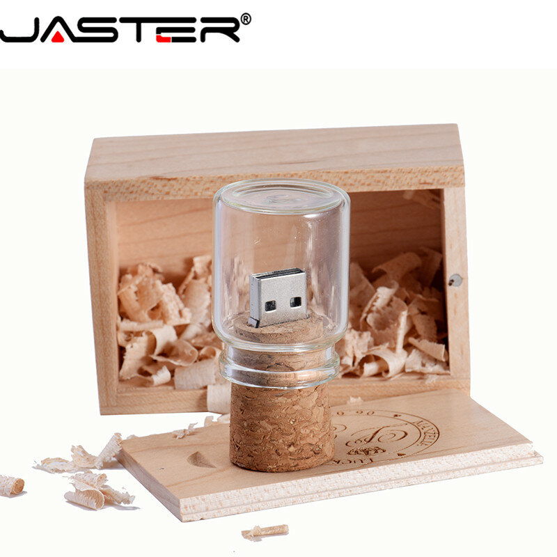 JASTERกล่องไม้ + ขวดUSB 2.0แฟลชไดรฟ์8GB 16GB 32GB 64GBแก้วหน่วยความจำstick Drifting U Diskของขวัญงานแต่งงาน