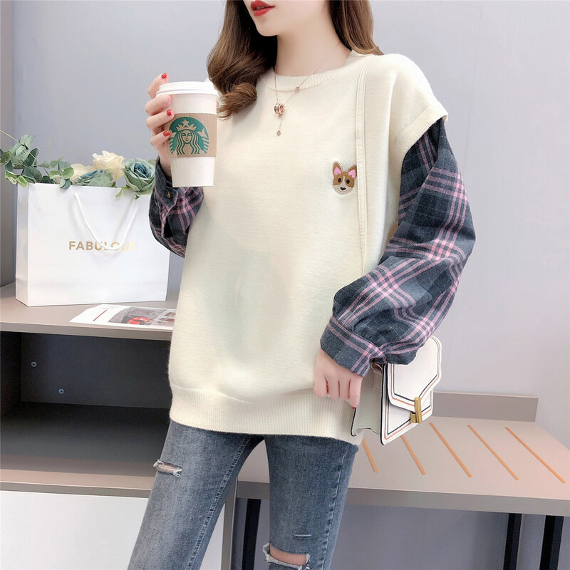 Spring Autumn Style Fake Two-piece Knitted Sweater Pullover Lady Casual Turn-down Collar Long Sleeve Knitted Pullover