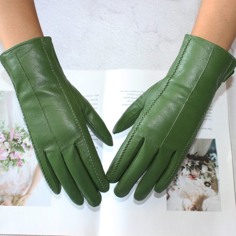 New Women Color Leather Gloves Striped Style Velvet Lining Autumn And Winter Warm High Quality Sheepskin Gloves