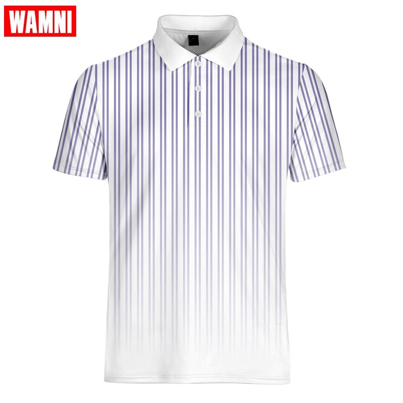 WAMNI Fashion 3D  Shirt Casual Harajuku Sport Loose Men Gradient Tennis Pullovers Turn-down Collar Stripe Male -shirt