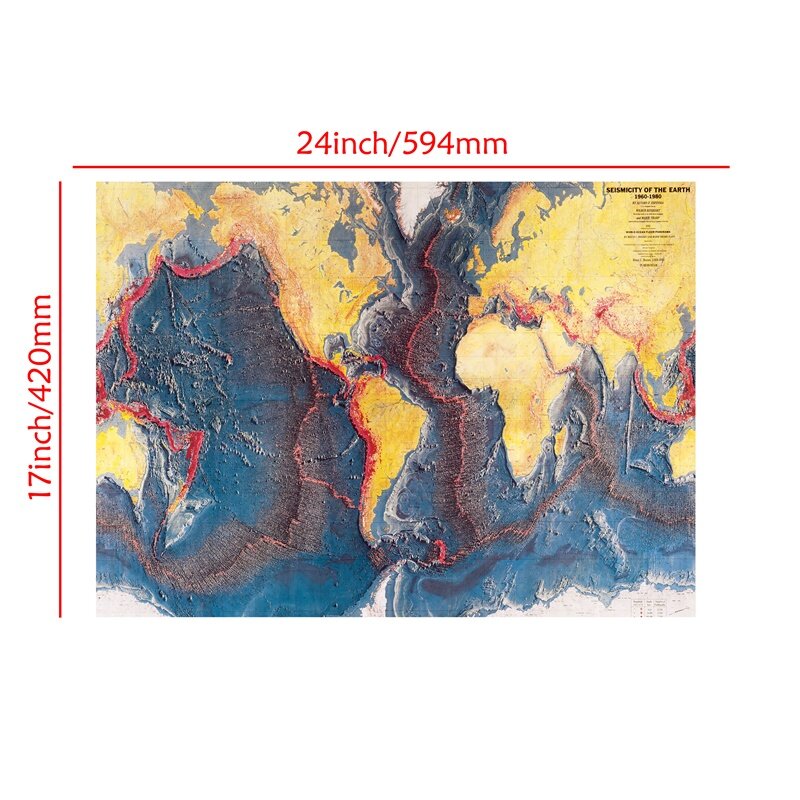 A2 حجم الزلزالية من الأرض العالم المحيط الطابق بانوراما من 1960-1980 قماش جدار ديكور خريطة للبحوث خريطة العالم خلفية