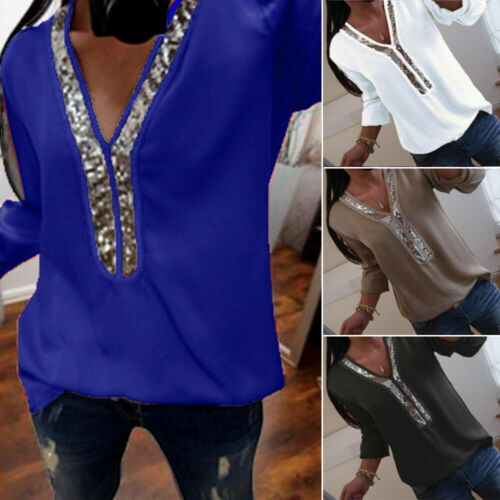 Neue Mode Frauen Pailletten Stitching Tops Sexy Lose Bluse Shirts Langarm Elegante V-ausschnitt Casual Blusen