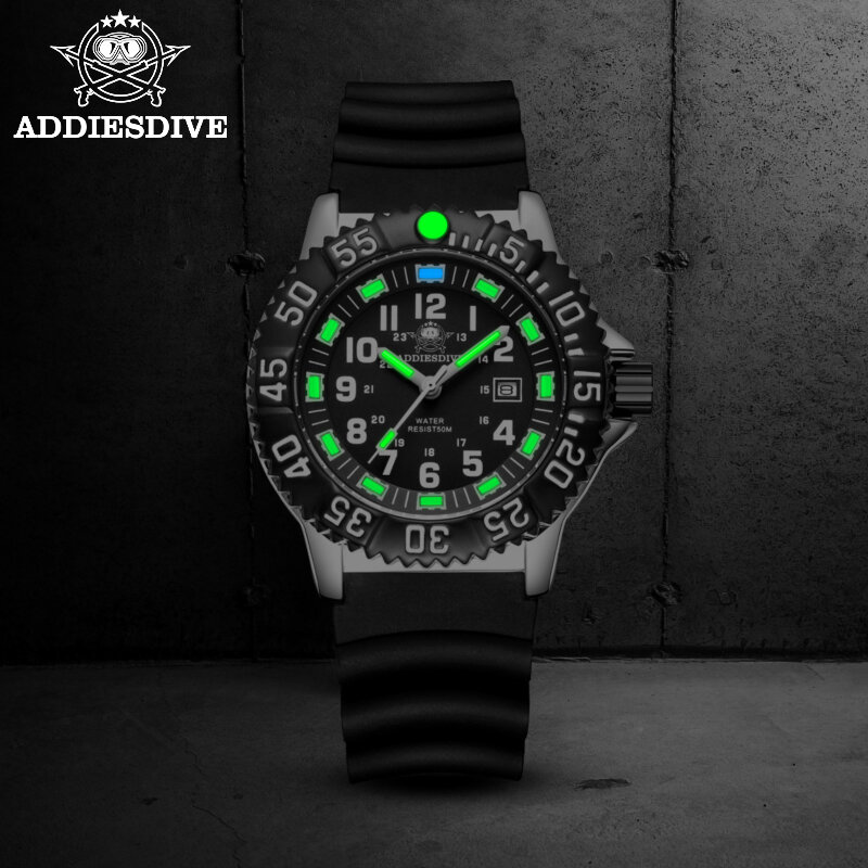Addies นาฬิกาสปอร์ตสำหรับผู้ชายดำน้ำกลางแจ้งหมุนได้ทิศทางเดียวนาฬิกาอัลลอยหน้าปัดเรืองแสงนาฬิกาควอทซ์2115 Miyota