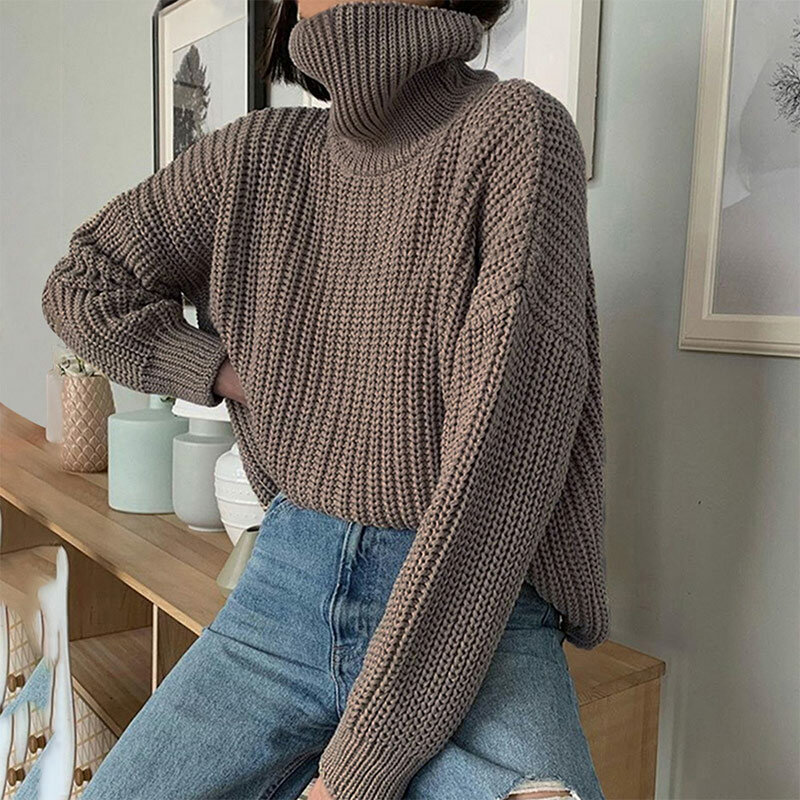 Gruba linia dzianiny z golfem swetry damskie z długim rękawem jednolity, luźny sweter damski 2020 moda zimowa Streetwear damski sweter