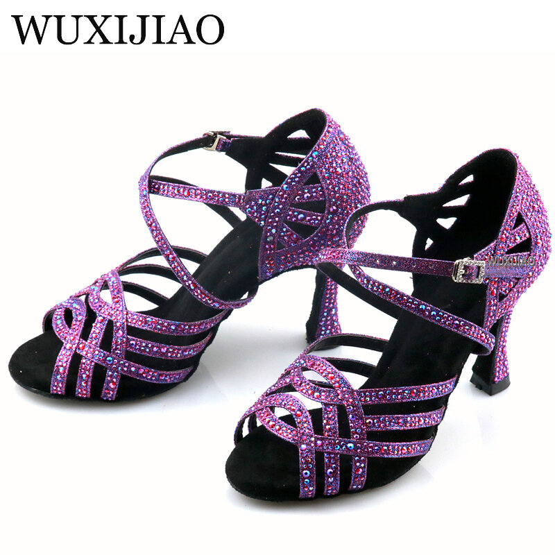 Zapatos de baile latino de tela con lentejuelas púrpuras para mujer, zapatos de baile estándar nacional, zapatos de baile cuadrados de fiesta, tacón cubano de suela suave