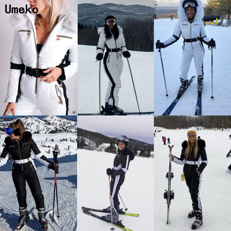 Umeko 2020 inverno feminino com capuz macacões parka algodão acolchoado quente faixas de esqui terno sem cinto uma peça casual fatos de treino