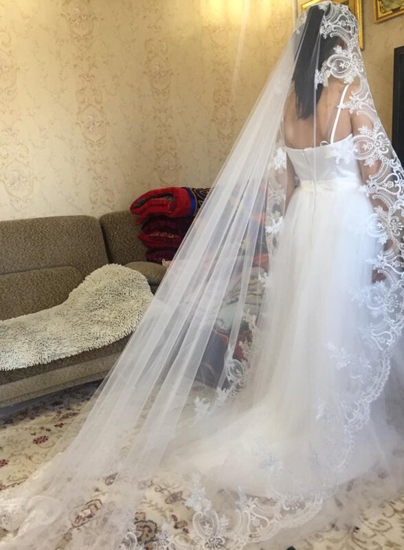 Velo de novia largo con encaje de alta calidad, velo de novia con peine, una capa, 3 metros, blanco, marfil, accesorios de boda