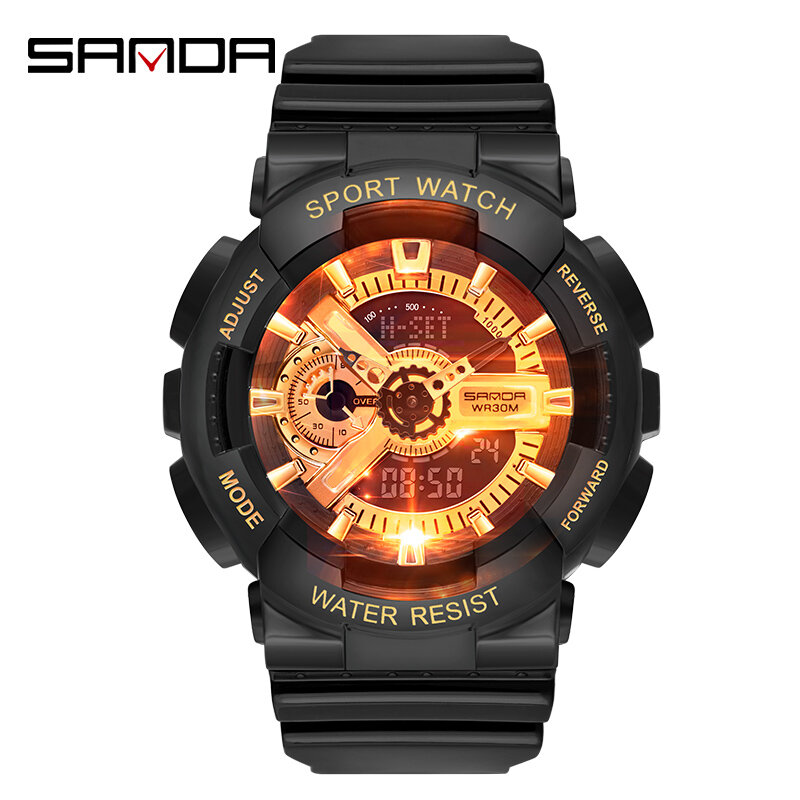 Sanda นาฬิกาข้อมือยี่ห้อนาฬิกาผู้ชายเลดี้กองทัพทหาร G สไตล์ Sportwristwatch Dual Display ชายสำหรับคู่นาฬิกากันน้ำ