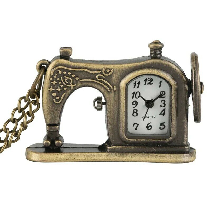 العتيقة آلة الخياطة كوارتز ساعة الجيب ريترو برونزية قلادة قلادة فريدة فوب سترة سلسلة تذكارية هدايا للرجال النساء