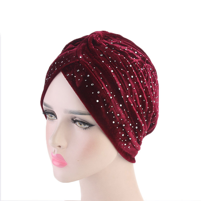 2020 frauen Strass Samt/Gestrickte Turban Hut Moslemisches Hijab Schal Twist Stirnband Headwrap Winter Damen Muslimischen Hijab Turbante