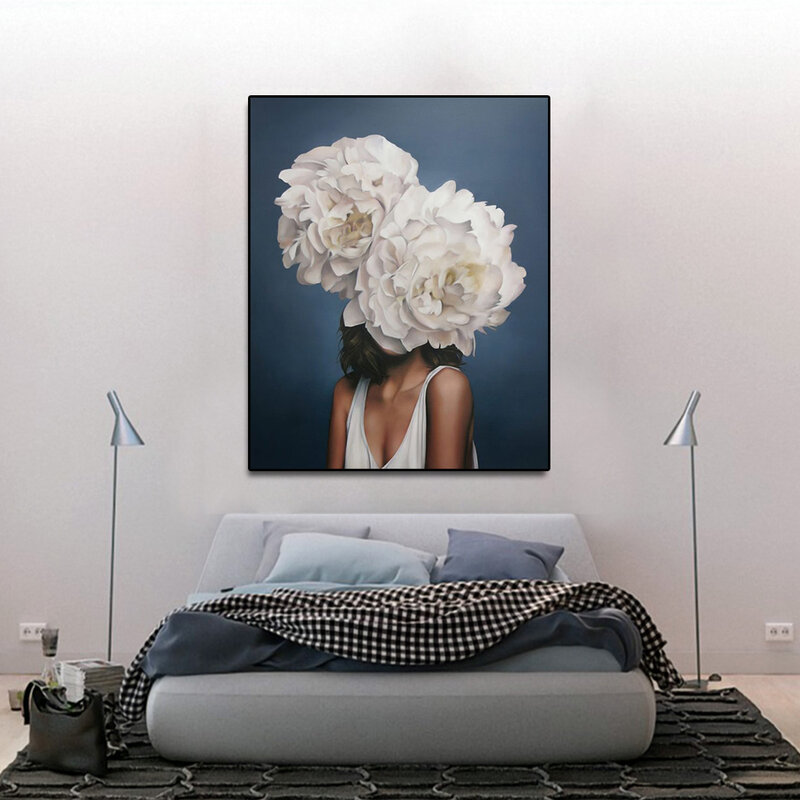 Big Size Posters and Prints Nordic Modern Flowers Feather Women Oil Painting Canvas Wall Pictures Living Room Home Decoration