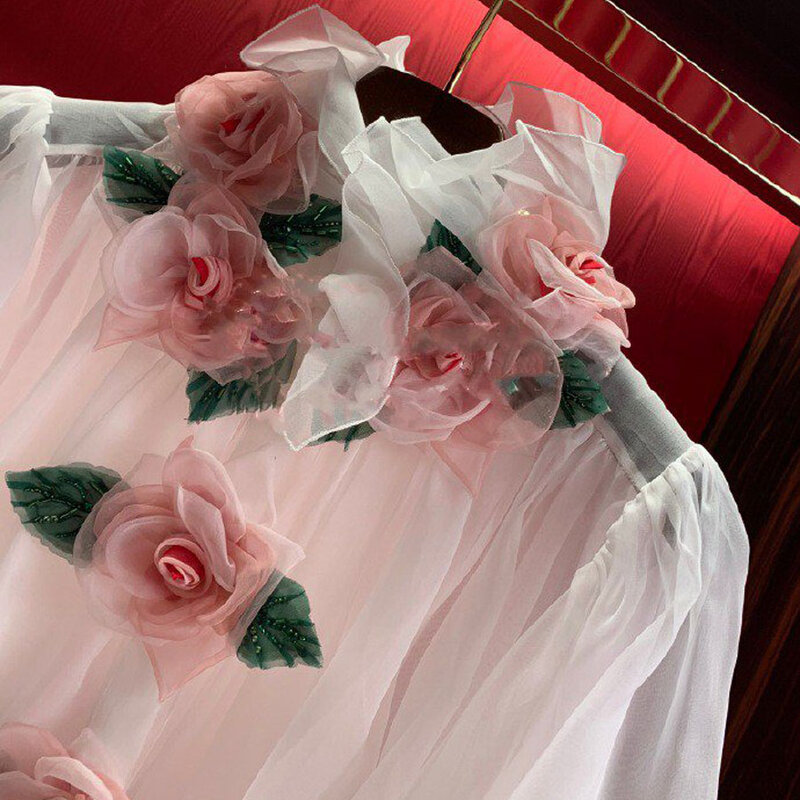 Chemisier femme 2020 printemps été manches longues Rose Appliques volants chemise en mousseline de soie