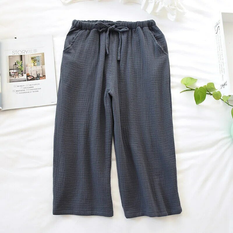 Pantalones de dormir para hombre, 100% algodón, con crepé, color sólido, con banda elástica, holgados, para estar en casa