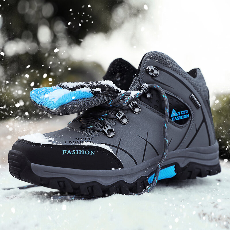 Botas de neve de couro impermeáveis para homens, tênis super quentes, botas de caminhada ao ar livre, sapatos de trabalho, marca de inverno, tamanho 39-47