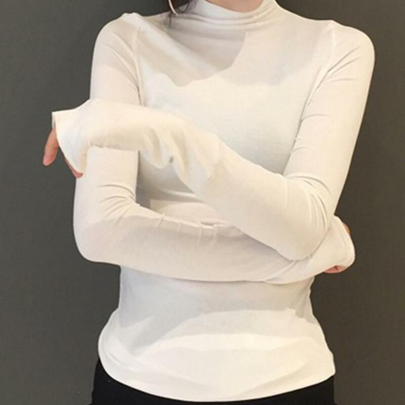 Blusa feminina manga comprida gola alta slim fit, camiseta feminina elegante social de cor sólida com gola alta, outono 2021