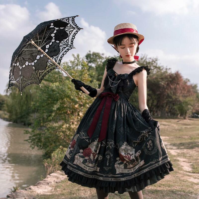 Lolita jsk vestido nightingale e rosa jsk vestido estilo gótico escuro vintage vitoriano princesa vestido de festa sem mangas lolita vestido