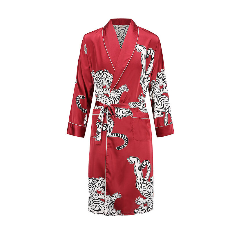 Camisola masculina de mangas compridas, robe cetim sedoso com estampa de dragão, pijama casual para casa