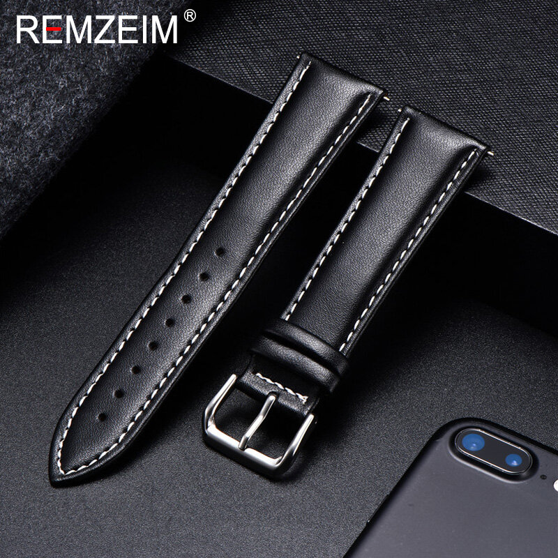 REMZEIM – bracelet de montre en cuir de veau, matériau souple, 18mm 20mm 22mm 24mm, avec boucle en acier inoxydable argenté