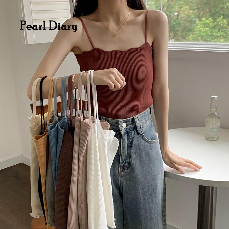 Pearl Diary Autumn And Winter  New Korean Knitted Small Camisole Short Base Shirt Women's Sexy Solid Sling Top