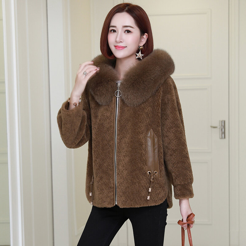 Lã feminina casaco de pele real ovelha shearing casacos feminino curto quente outono inverno jaquetas de pele de raposa com capuz roupas 2021 lwl1271