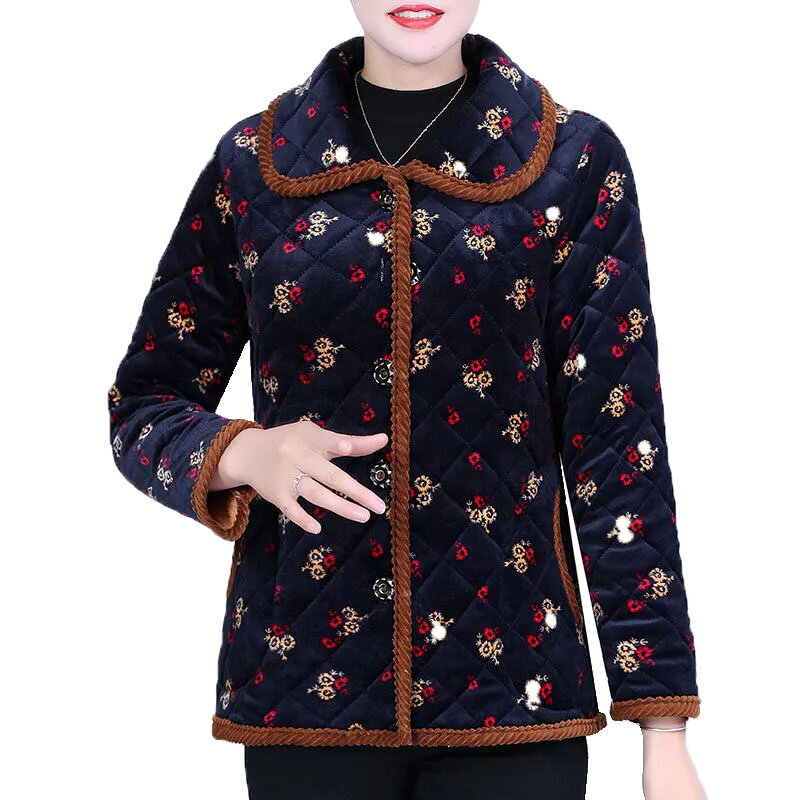 母冬の新カジュアル暖かいジャケット中年高齢シングルブレスト印刷ショートファッション緩い綿のコートb