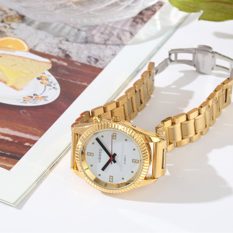 Relógio de conversa francesa com função de alarme, data e tempo de conversa, mostrador branco, fecho dobrável, etiqueta dourada-801