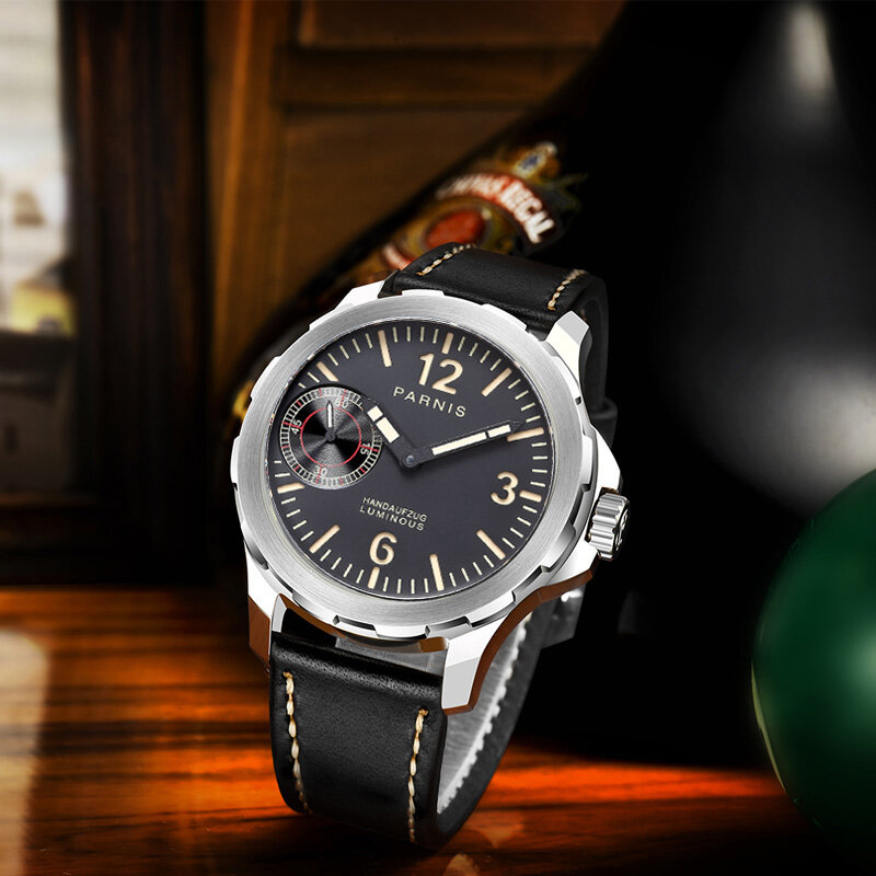 Parnis-Relógio mecânico luminoso de corda manual masculino com caixa prateada, pulseira de couro, moda, marca de luxo superior, presente, 44mm