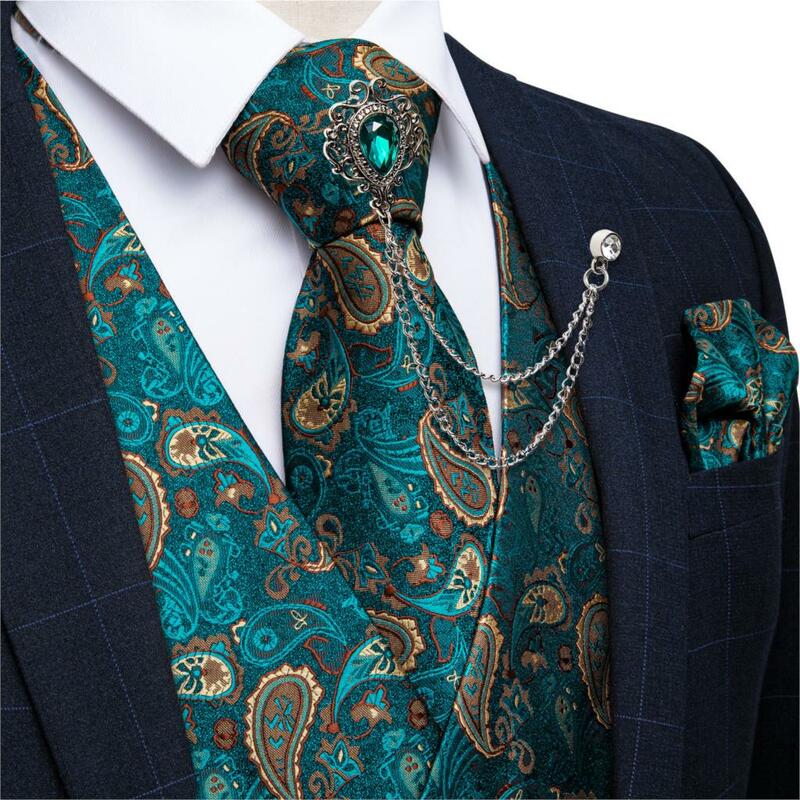Chaleco de vestir Formal de seda para hombre, traje de Cachemira 100% verde azulado, corbata, broche, conjunto cuadrado de bolsillo para esmoquin, DiBanGu, nuevo