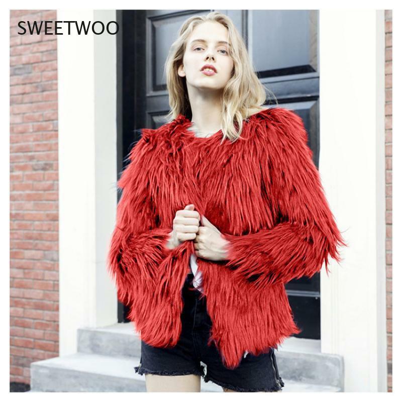 Elegant Furry Fur Coat Women Fluffy Warm Long Sleeve Female Outerwear Autumn Winter Coat Jacket Hairy Overcoat 4Xl