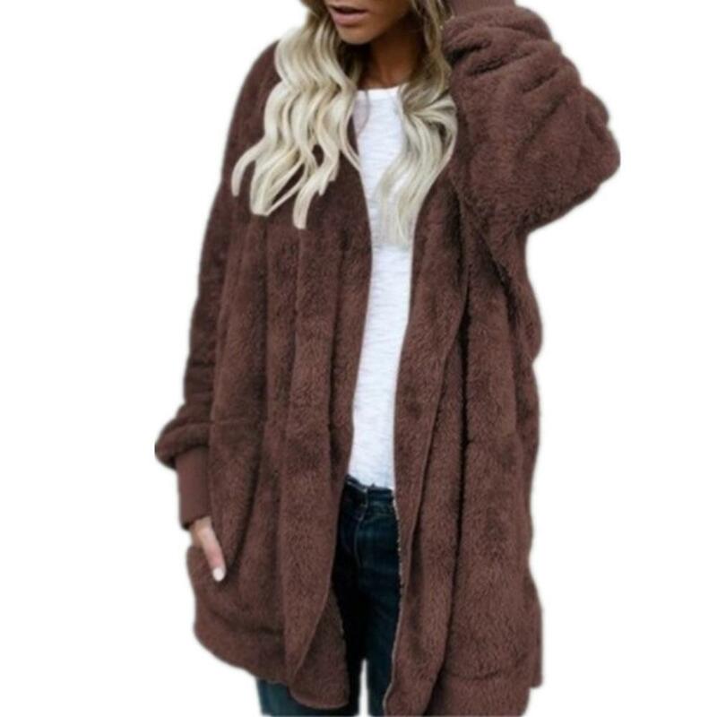 80% ขายร้อน!!!ฤดูหนาวของแข็งสีผู้หญิงหนา Faux Fur Hooded เสื้อแขนยาว Outwear