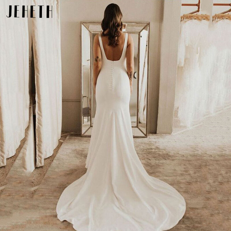 JEHETH gaun pernikahan wanita tali Spaghetti, gaun pengantin sederhana punggung terbuka leher persegi, jubah bernoda lembut