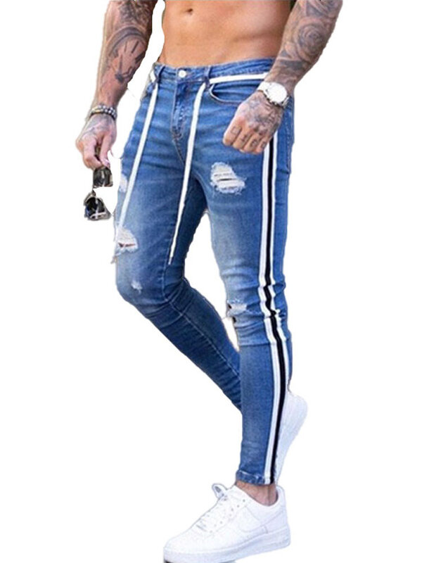 Calças justas rasgadas com listras laterais masculinas, jeans branco, slim fit, stretch, marca de moda, hip-hop, novo, tamanho grande, 2021