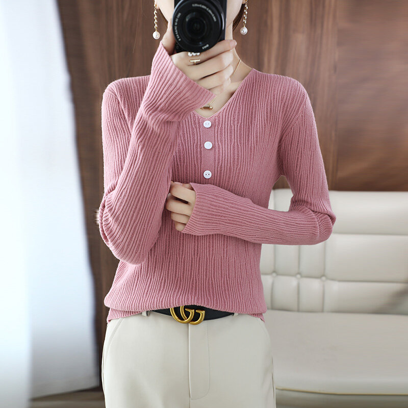 Pull tricoté à manches longues pour femme, haut court, col en v, boutons amples, automne et hiver, nouvelle Version coréenne sauvage 021