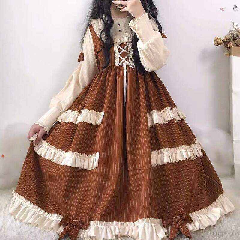 Vintage Japanese Gothic Lolita Dress with Puff Sleeves for Victorian Tea Parties and Daily Wear Cosplay