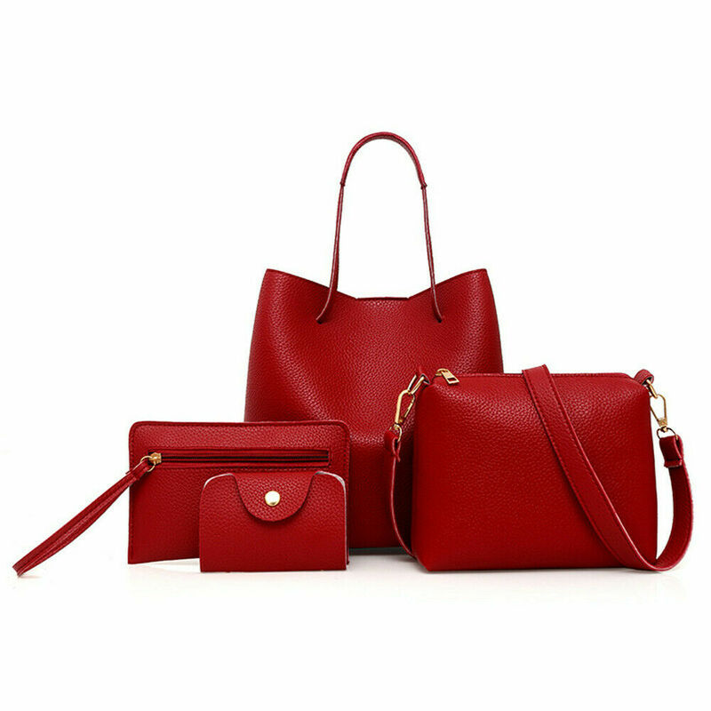 4 Piece Set Fashion Solid Color PU Leather Messenger Bag Tote Mini Clutch Bag Women's Shoulder Bag