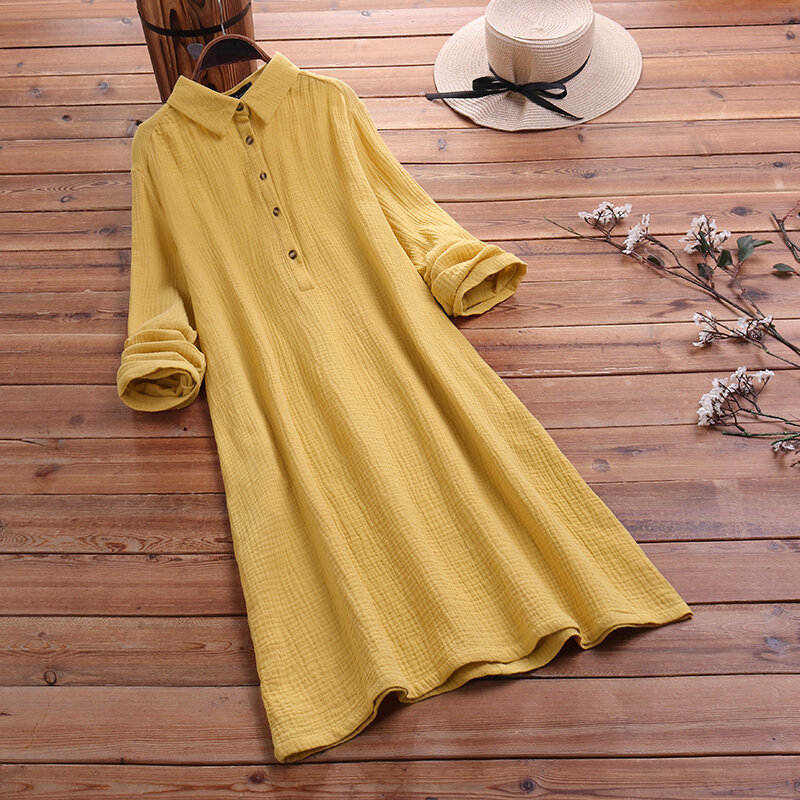 ZANZEA-Vestido camisero largo con cuello de solapa para mujer, Vestido informal holgado de algodón con botones de manga larga para el trabajo