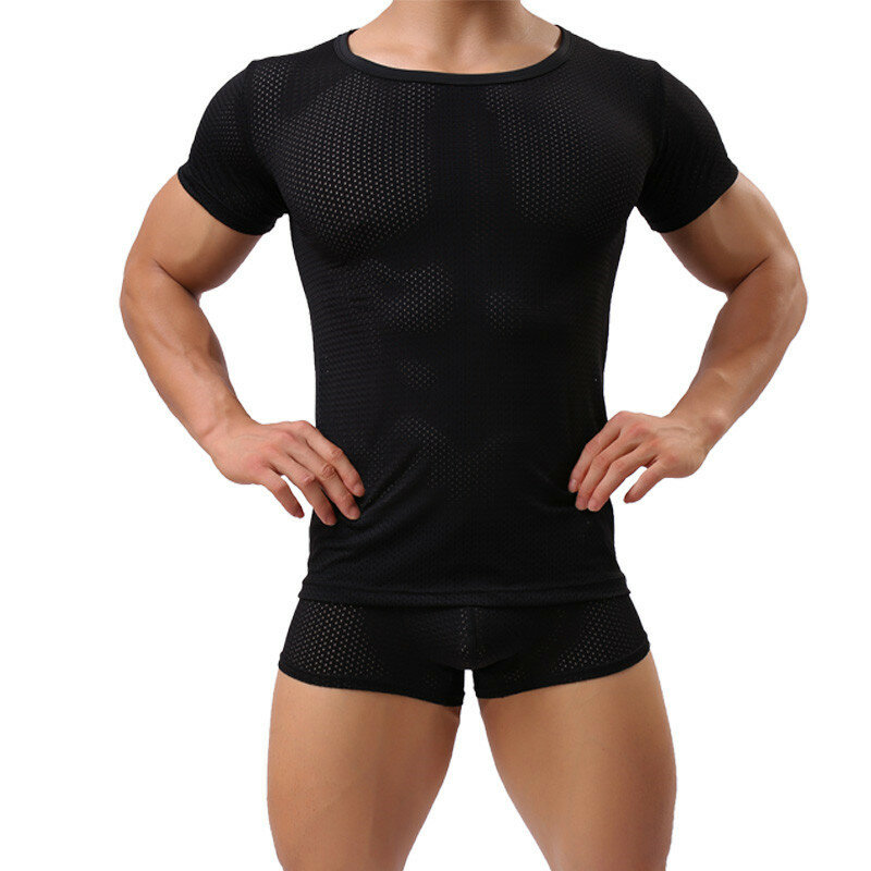 Sexy Mannen Mesh Korte Mouwen T-shirt Boxer Shorts Slanke Fitness Undershirts Zien Door Homo Erotische Fetish Sex Ondergoed Pak