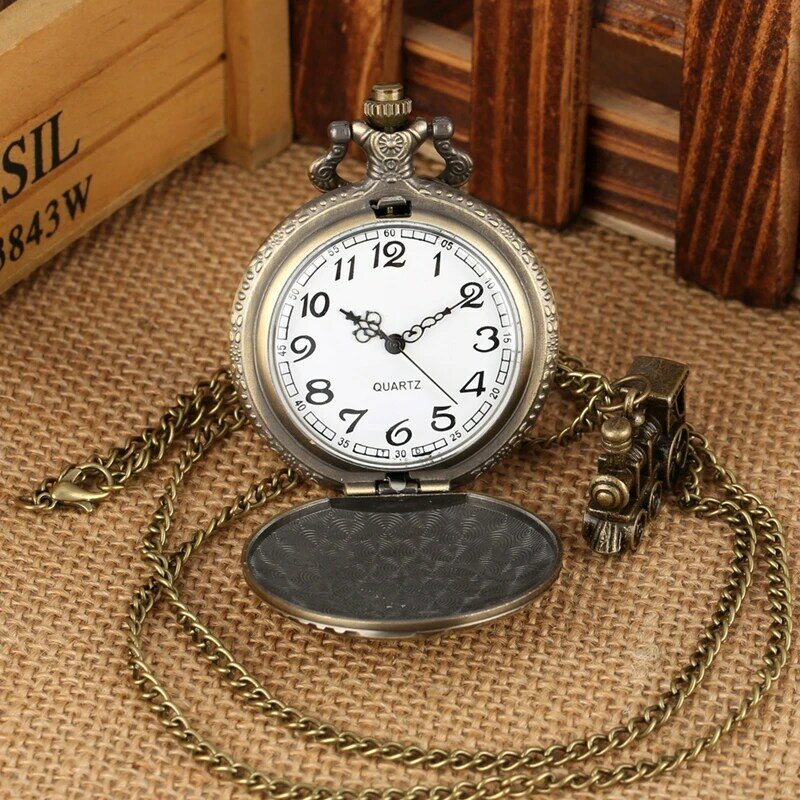 Reloj de bolsillo de cuarzo y bronce Vintage para hombre y mujer, collar de motor de locomotora de tren, cadena colgante, los mejores regalos con accesorio de tren