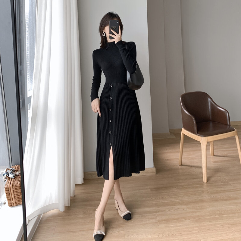 Hebe & Eos-Vestido de punto elegante para mujer, vestido de Cuello medio alto con botón de media pantorrilla, suéter dividido, estilo coreano, negro, Invierno